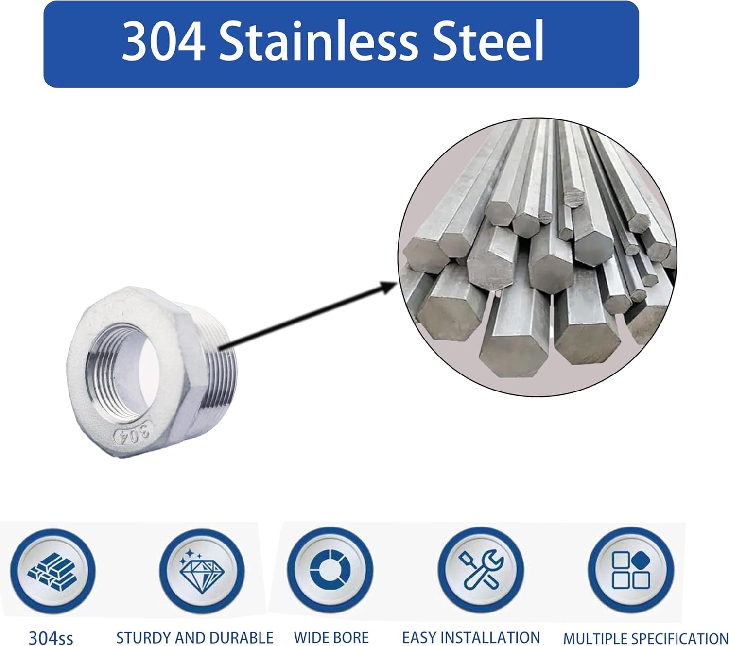 1" Male to 1/2" Female NPT Threaded Reducer Hex Bushing 304 Stainless Steel Reducing Adapter Pipe Fitting With Teflon Plumbers Tape(Pack of 2)