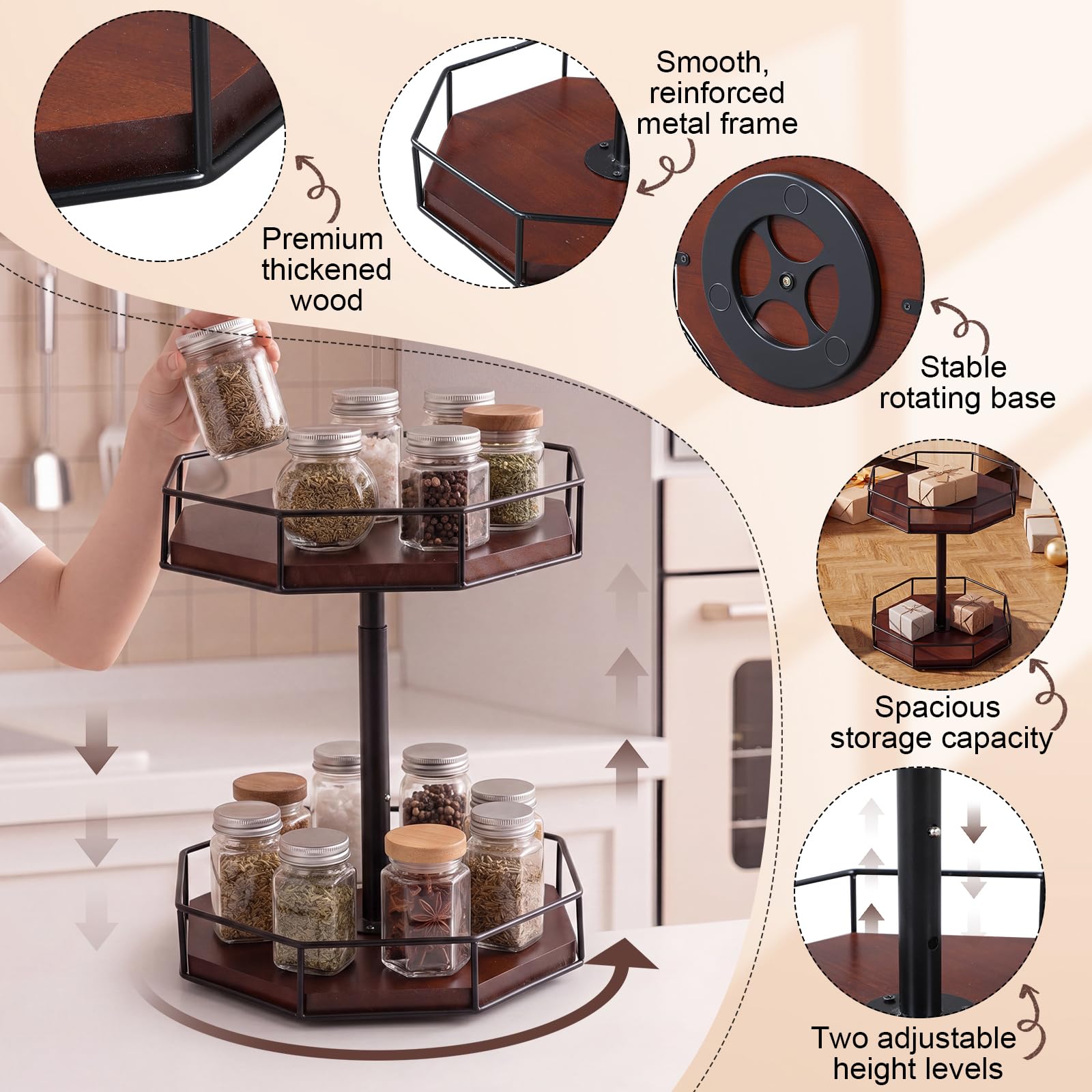 Sliner Lazy Susan - Organizador de especias de 12 pulgadas, ajustable, octogonal, organizador de especias de madera, giratorio, estante giratorio para gabinete, cocina, encimera, despensa, baño