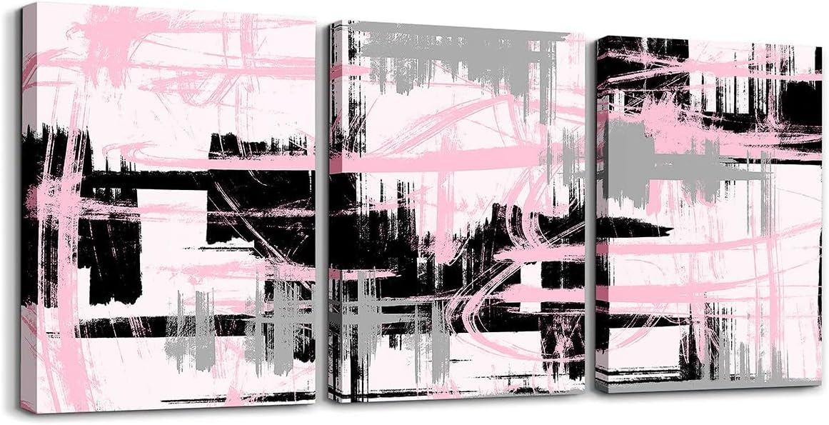 Feelyou Pink, Black & Grey Framed Canvas Wall Art - Modern Stripes & Office Decor for Living Room