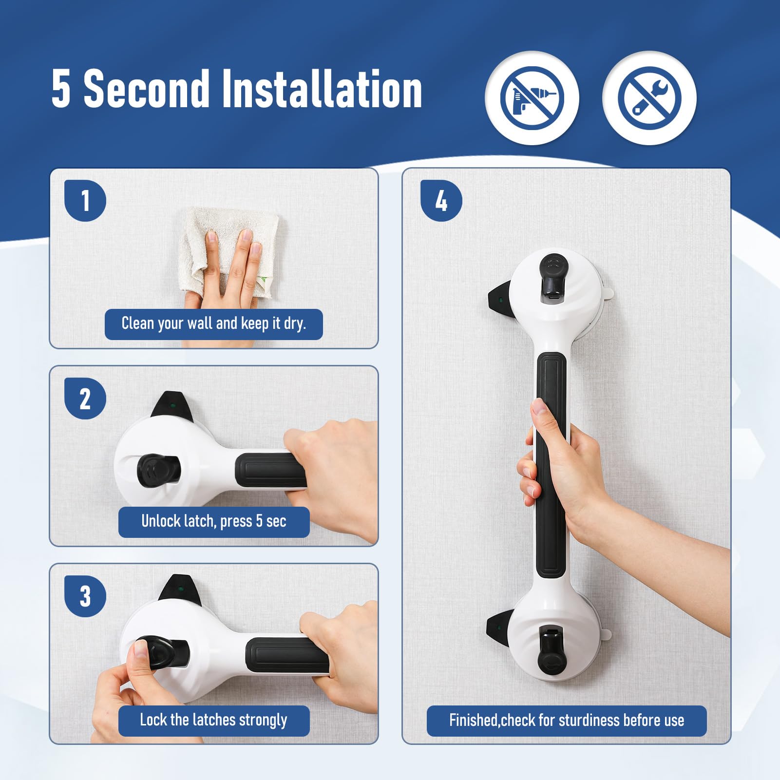 Lot de 2 poignées de douche noires sans perçage 42 cm avec ventouse