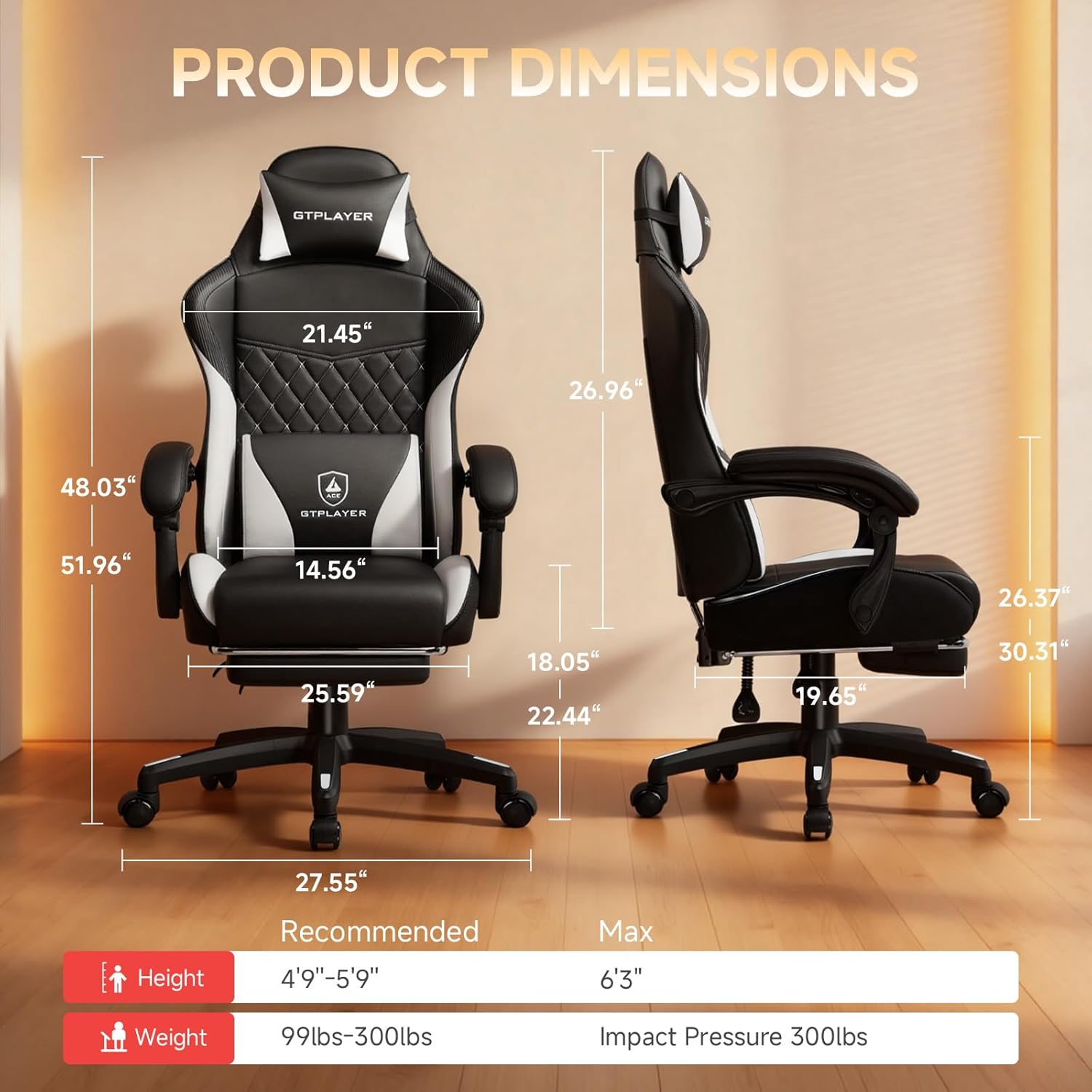 GTPLAYER Gaming Chair, High Back Leather Computer Gaming Chair with Footrest, Ergonomic Height Adjustable Office Chair with Removable Cover and Lumbar Support for Gaming and Work (WT) - Image 2