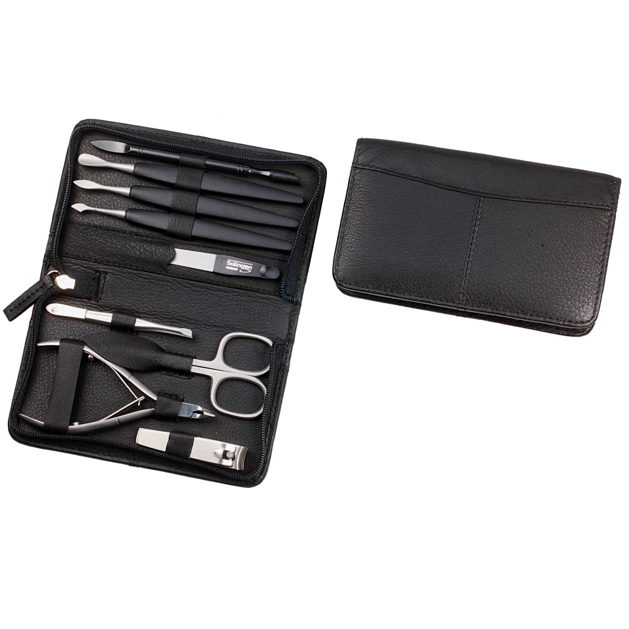 Sonnenschein by Hans Kniebes - Maniküre Set 9-teilig - Nagelschere, Hautzange, Knipser, Feile, Pinzette, Nagelhautdrücker, Nagelmesser/-reiniger, Hufstab - Maniküre-Etui aus Nappa-Schafleder schwarz