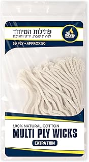 Ner Mitzvah Natural Smokeless Cotton Wicks – 50 Count (Approx.) 39 Ply Thin for Oil Cup Candle – Replacement Wicks