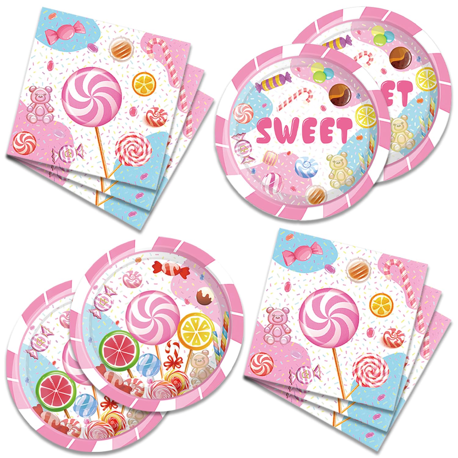 40Pcs Sweet Candyland Party Decorations Plates Disposable Tableware Include Candy Plates Napkins for 20 Guests Candyland Birthday Party or Baby Shower