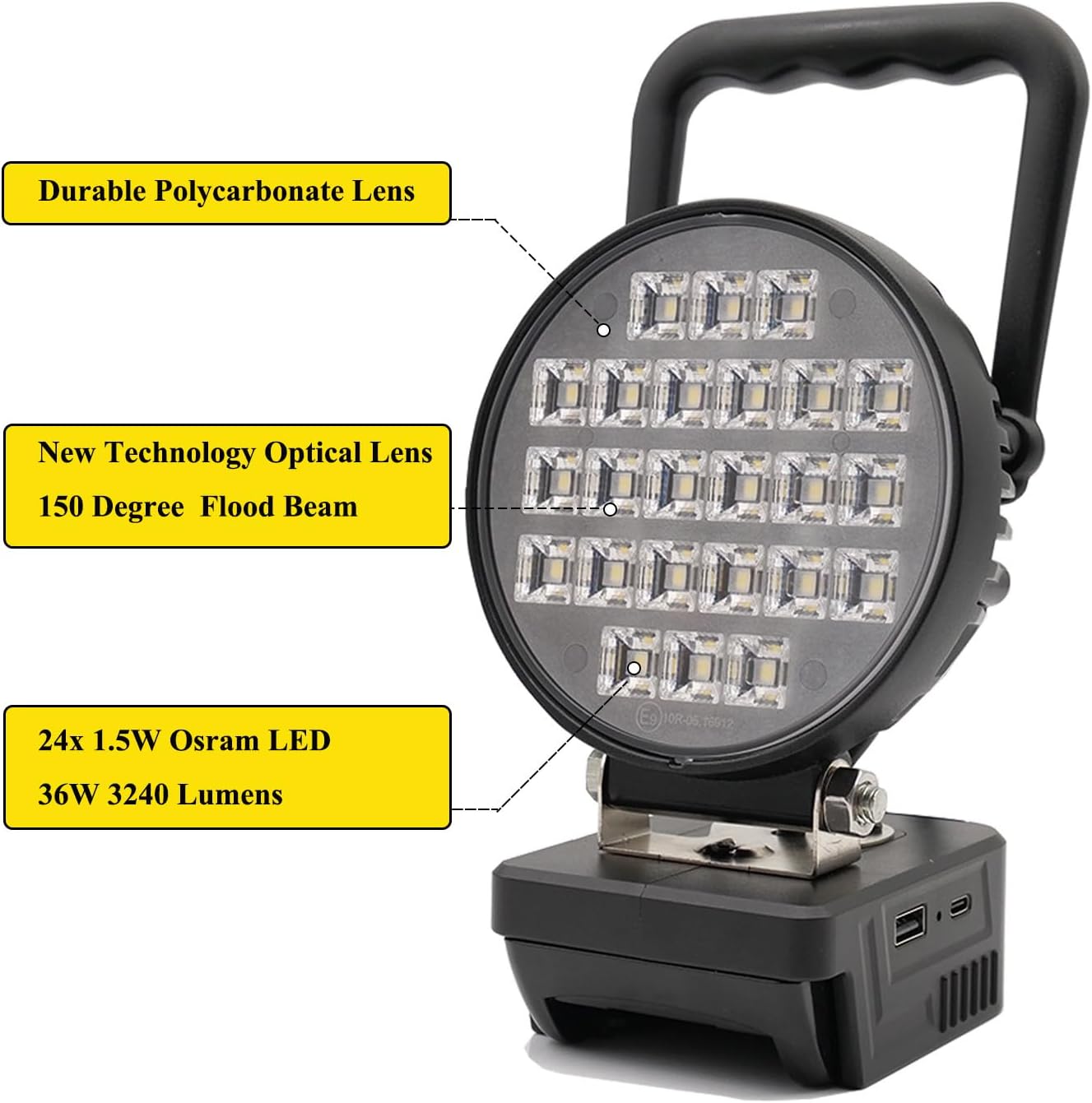 Cordless LED Work Light for Dewalt 18v/20v Battery, 36W 3240LM Flood Lamp with USB & Type-C Charging Port and Low Voltage Protection