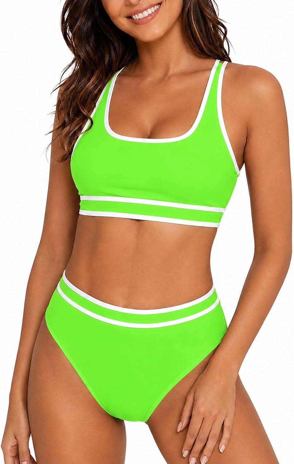 Women's High Waisted Bikini Set: Sporty Two Piece Swimsuits Color Block Tummy Control U Neck Top with Adjustable Straps