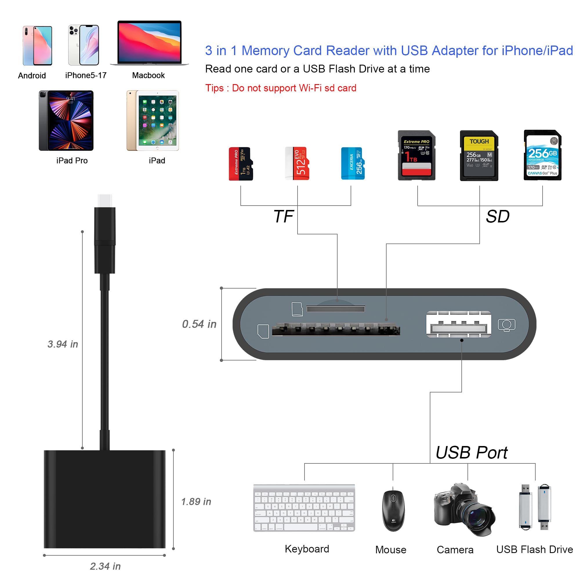 SZHAIYIJIN SD-Kartenleser für iPhone, Speicherkartenleser mit USB-C auf Lightning-Adapter, Plug-and-Play, Trail-Spielkamera, Micro-SD-Kartenbetrachter, unterstützt SD/TF-Karte und USB-Adapter für iPad