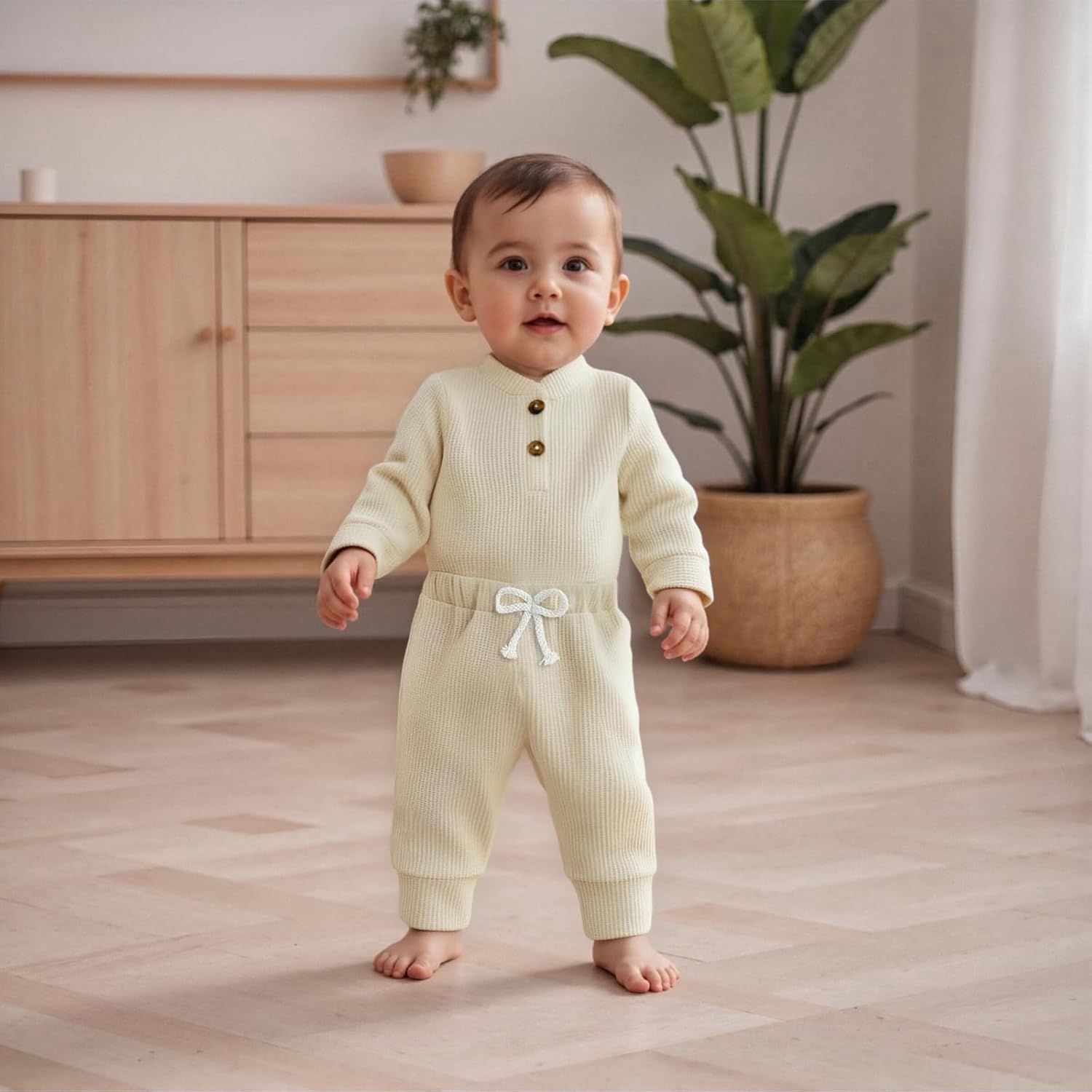allshope Newborn Baby Boy Fall Outfit Romper Long Sleeve Solid Jumpsuit Bodysuit Elastic Waist Pants Infant Waffle Clothes - Image 3