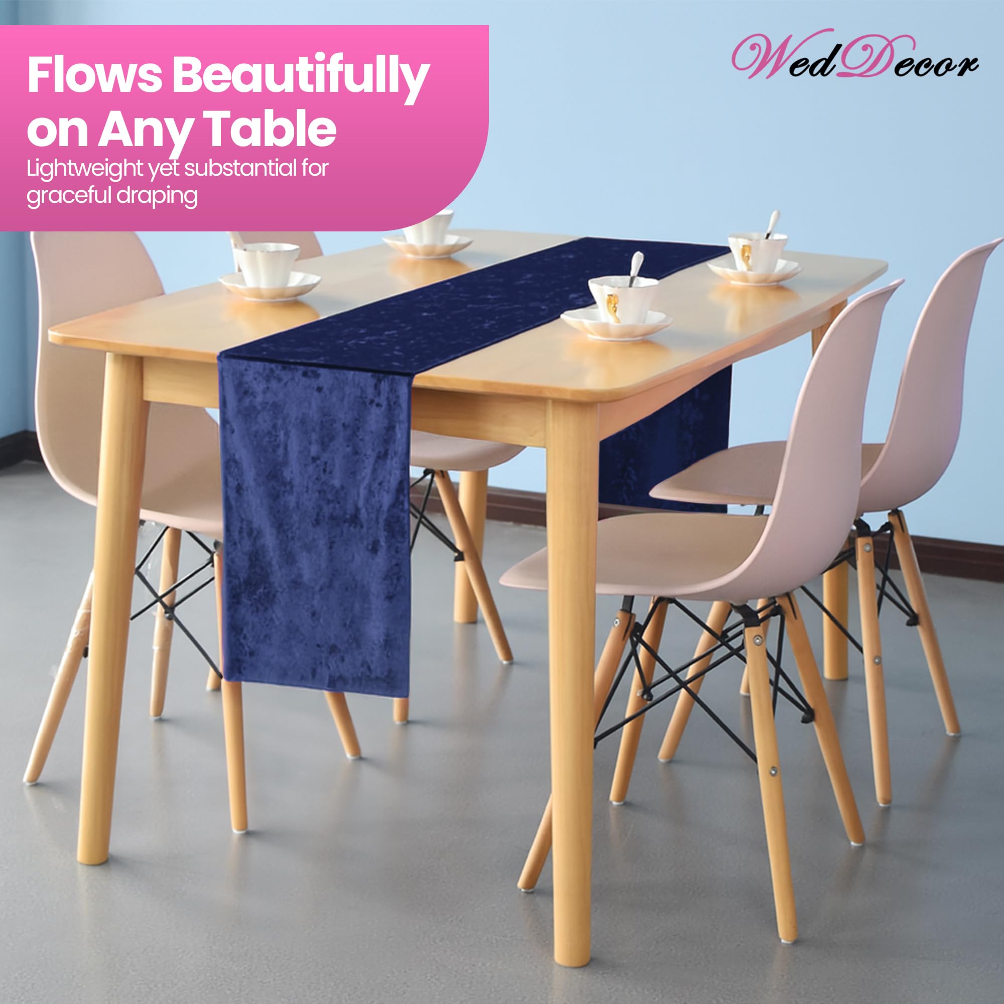 WedDecor Chemin de table en velours écrasé doux lavable pour mariage, cuisine, anniversaire, réception, banquet, Noël et dîner - 33 x 274 cm (bleu marine)