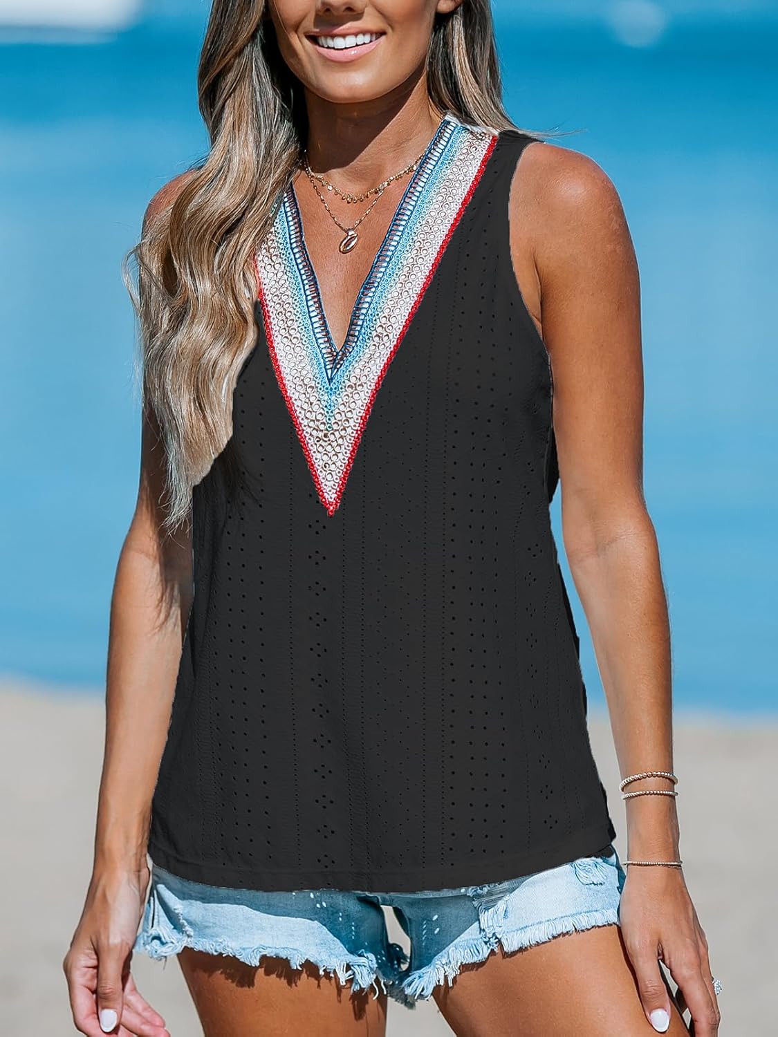 CUPSHE Women Eyelet Tops V Neck Embroidered Jersey Tank Lace Cutout Blouses Tee Sleeveless Shirt Casual - Image 3