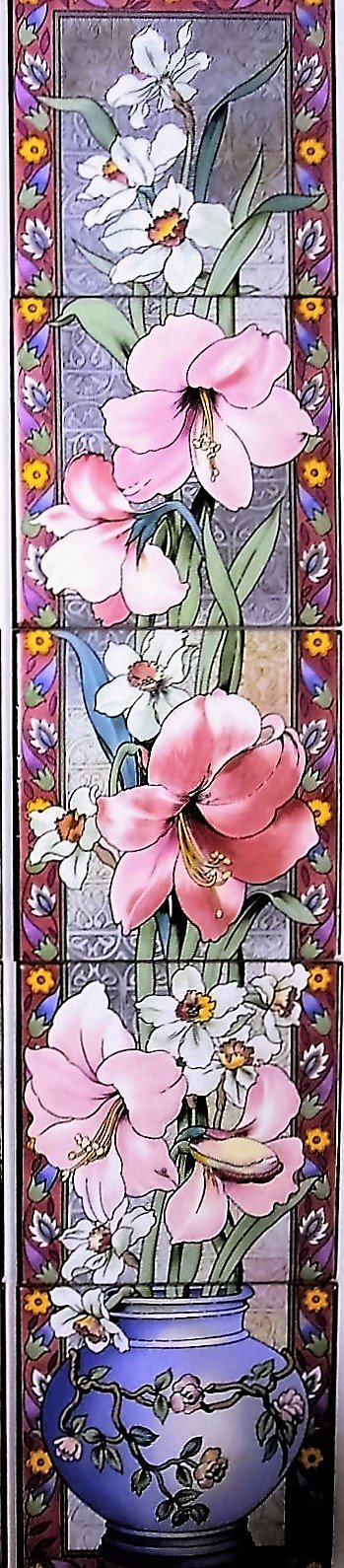 Rainbow Decors Ltd White Amaryllis Ceramic Tile Mural Lilies And Amaryllis 5 Tiles 6" Fireplace Splashback Tiles Hand Decorated In Uk