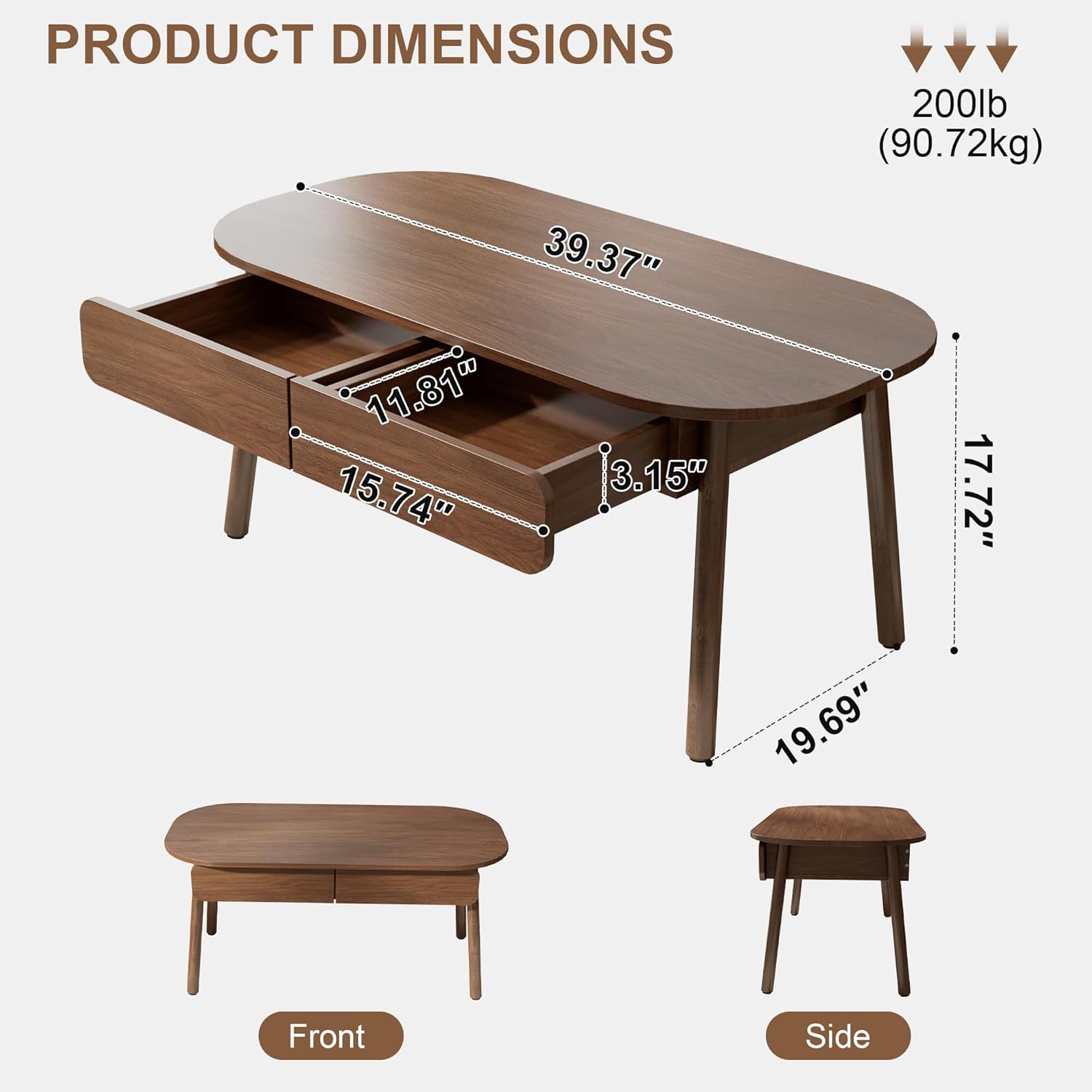 Mid Century Modern Coffee Table, Walnut Wood Coffee Table with 2 Drawers, Living Room Table with Rounded Corner for Home