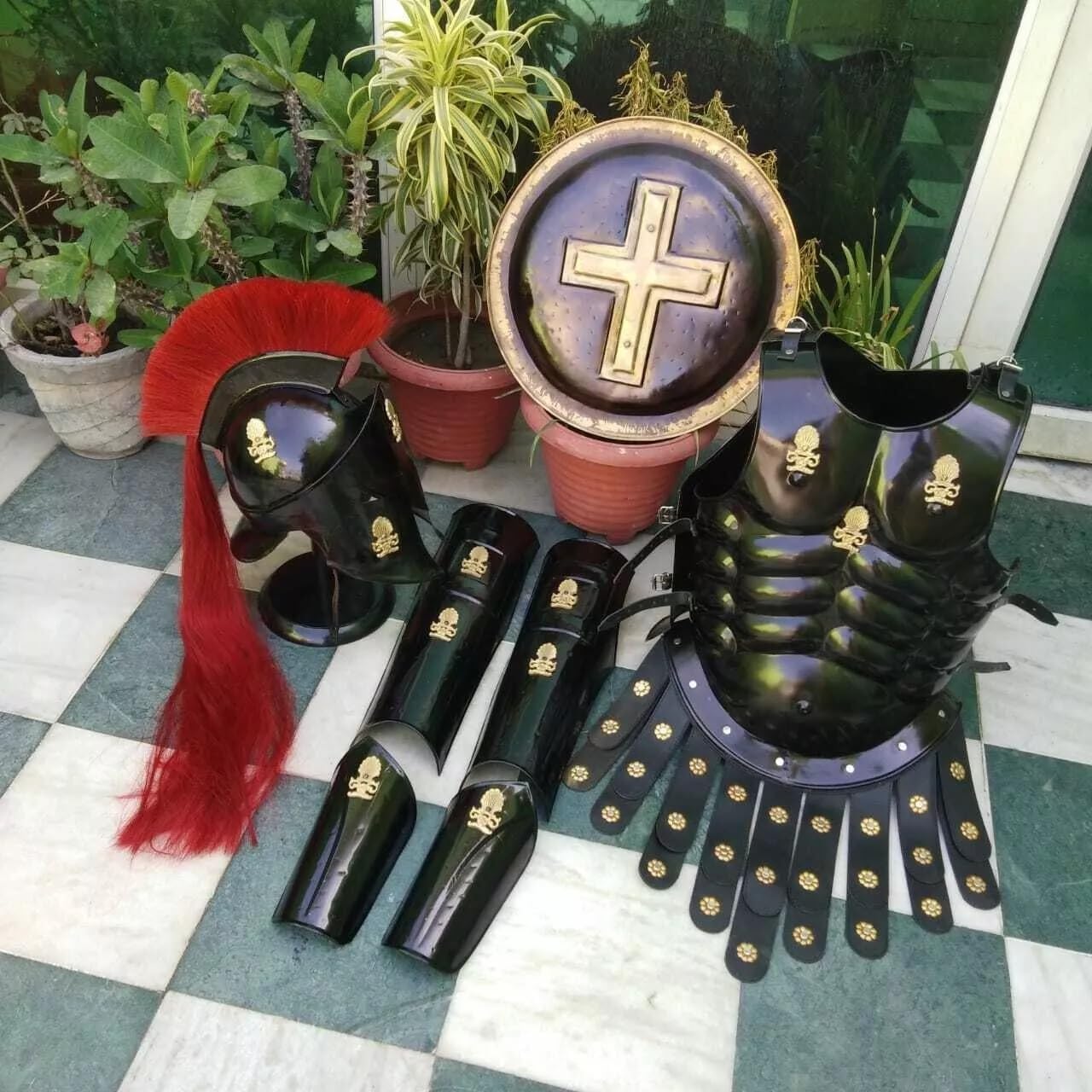 Medieval Set of Steel Helmet, Hand Guards of Knight Battle Warrior and Leg Guards, Medieval Spartan Armor Suit Set 18G Steel LARP Black Wearable Armor, Medieval Costume for Halloween, Cosplay.