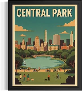 Central Park Retro Wall Art Poster Print, Vintage City Skyline Painting Picture Gift Modern Artwork For Living Room Office Home Decoration B49 (Central Park, 20" L x 16" W, Black Frame)