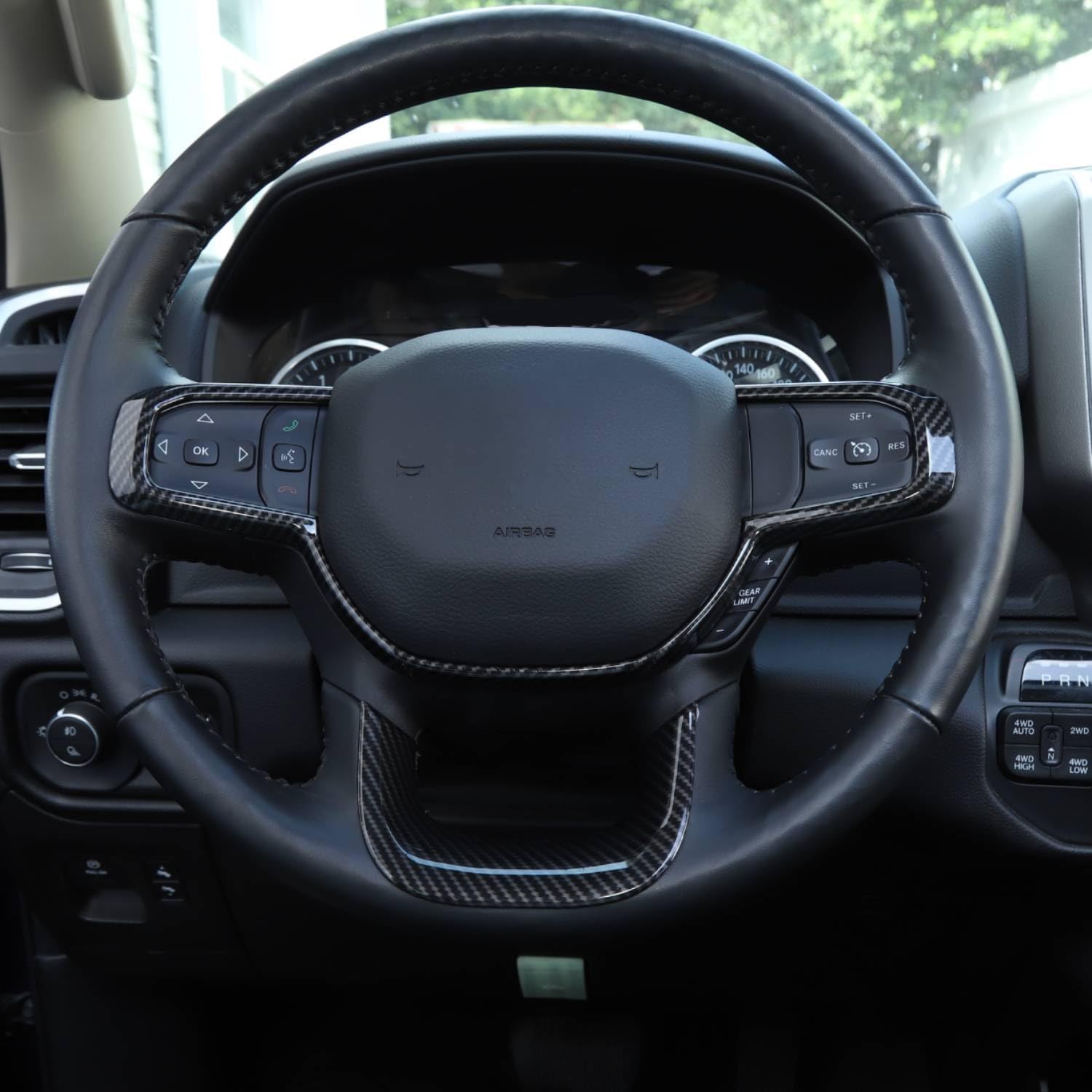 Voodonala for Dodge RAM 1500 Center Console Steering Wheel Panel Cover Compatible with Dodge Ram 1500 2018+(2Pcs/Set,Carbon Fiber Black,ABS)