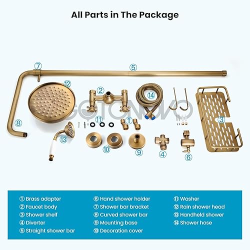Miniatura 7 de gotonovo Grifo de ducha de baño expuesto de latón antiguo de montaje en pared con estante de ducha de 8 pulgadas, cabezal de ducha de lluvia de 8