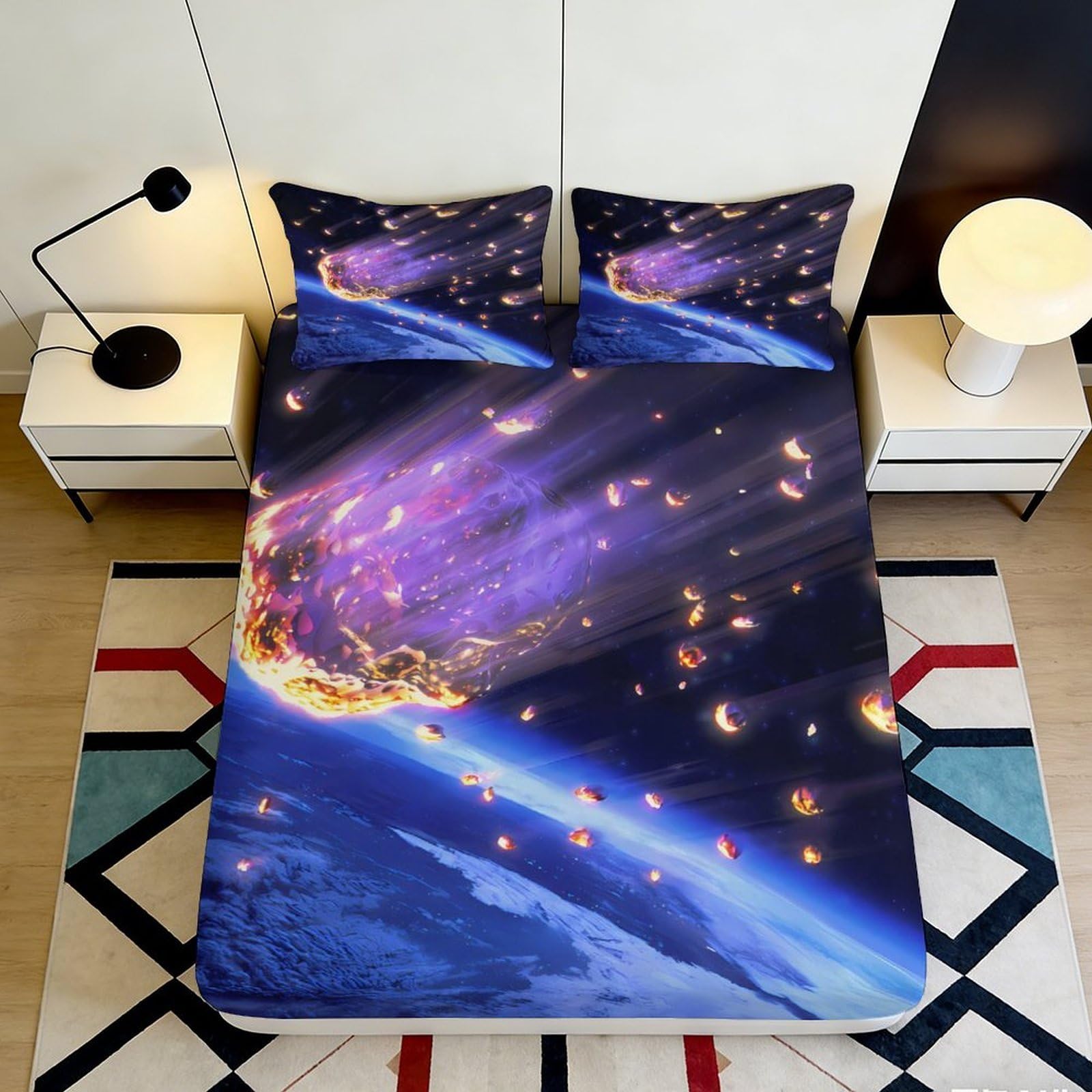 3D Printed Meteor Shower Fitted Sheet Microfiber Soft Deep Blue Fireball Mattress Cover for Bedroom Dorm Decor 90x200x25cm