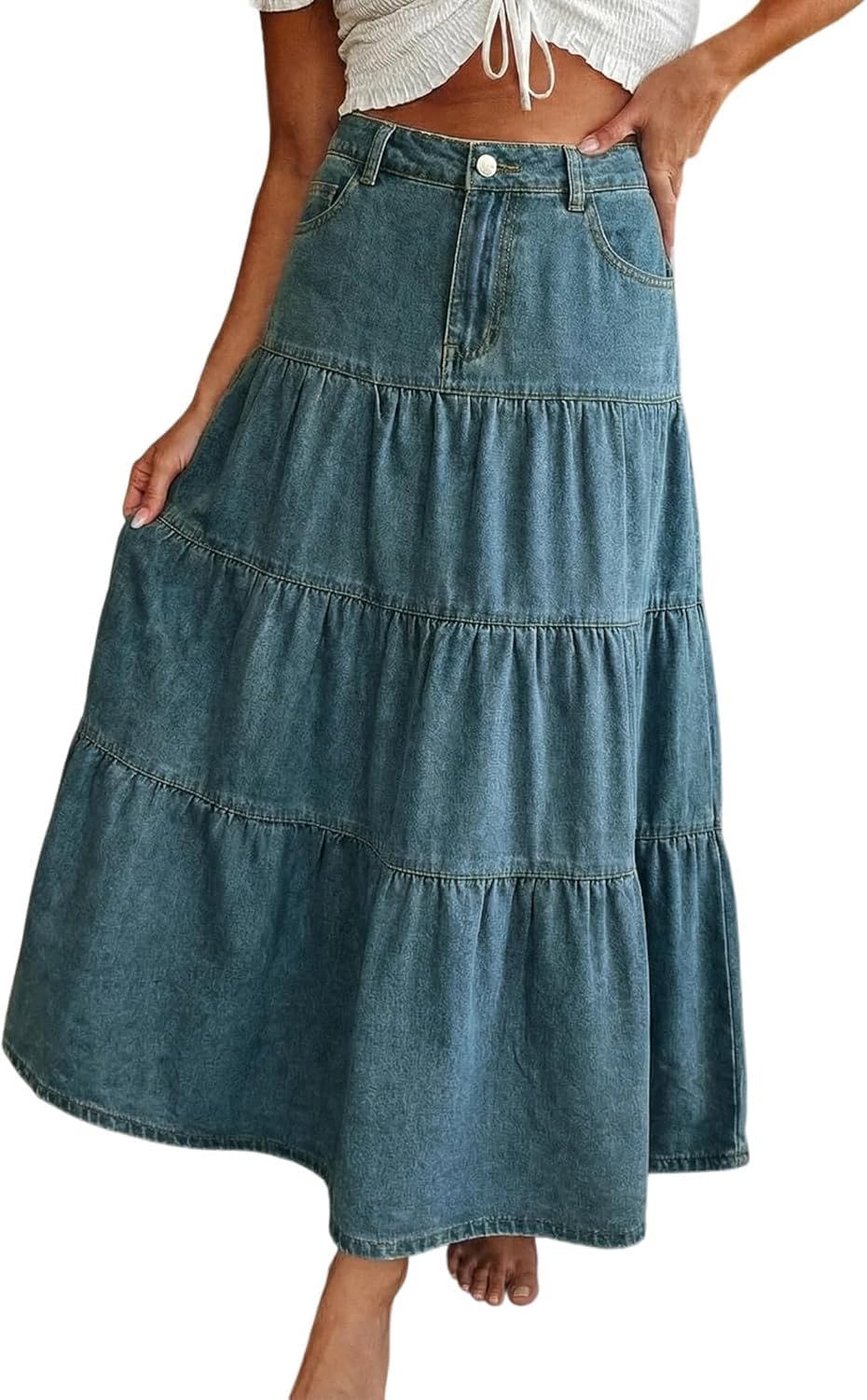 ebossy Women's Vintage Denim Skirt High Waist Tiered Ruffles Flowy A Line Loose Jean Skirts with Pockets