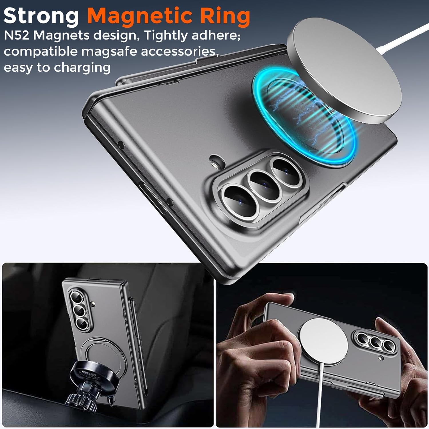 for Samsung Galaxy Z Fold 5 Case with S Pen Holder & Stylus Pen, Magnetic Rotating Ring Stand Compatible Magsafe Screen Protector Hinge Cover Full Coverage Protective Case for Z Fold 5 Grey