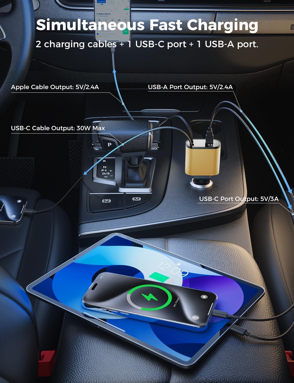 [Upgraded] SUPERONE Retractable Car Charger 4 in 1 Fast Phone Charger, Gold image 3