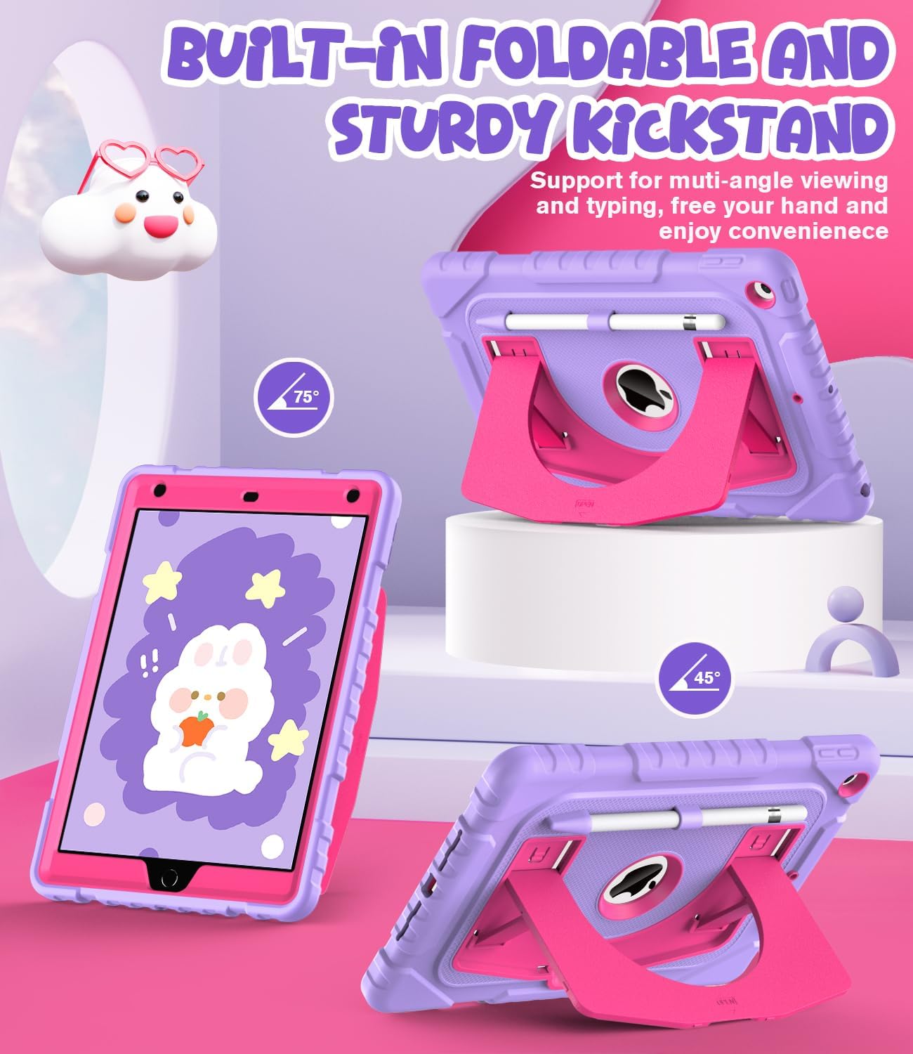 OKP Case for iPad 9th/ 8th/ 7th Generation 10.2 Inch (2021/2020/2019), Shockproof Rugged Heavy Duty i Pad 9 8 7 th Gen Protective 10.2'' Cover with Pencil Holder/Kickstand, Purple+Hot Pink