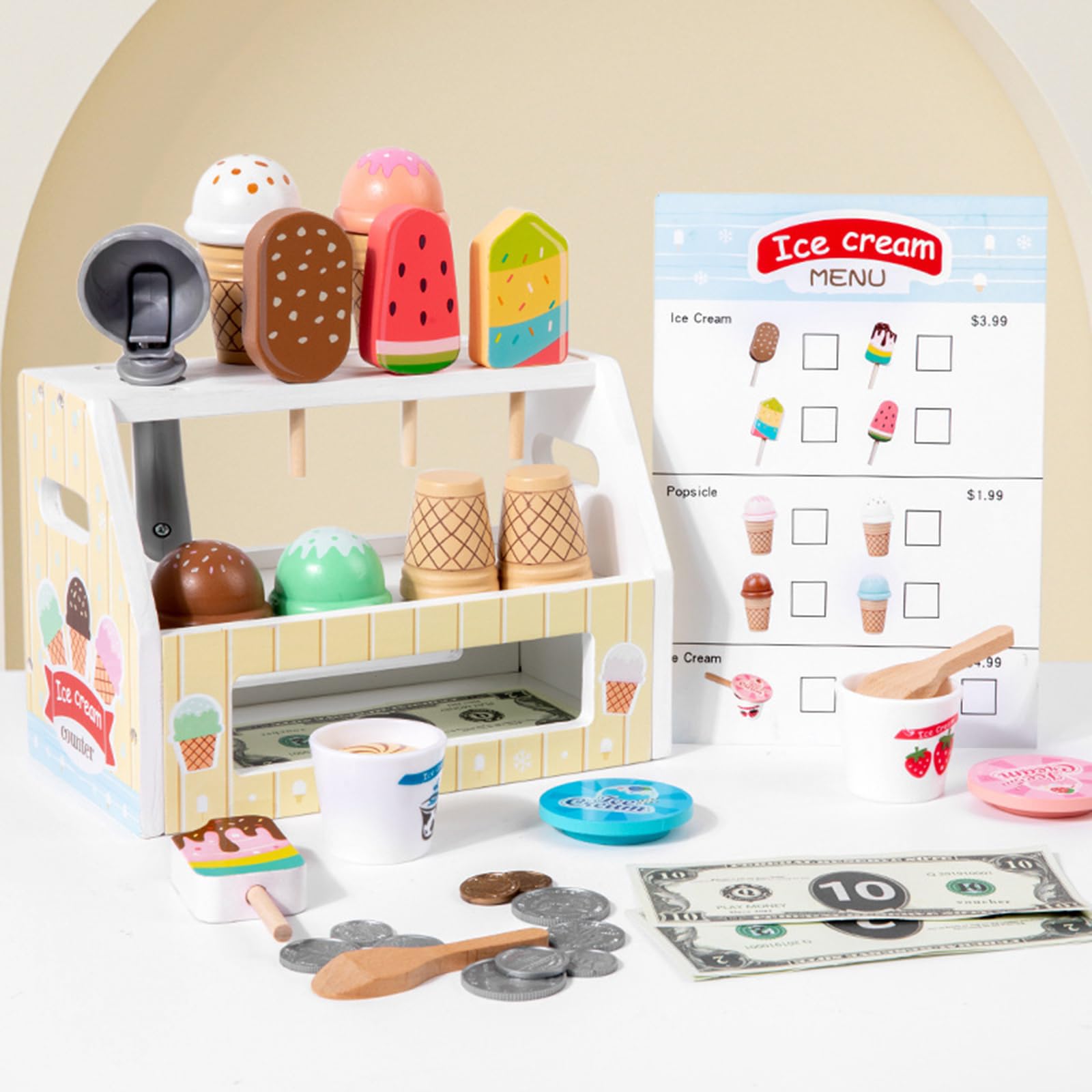 Interaktives Eisdielen Spielset aus Holz für fantasievolle Lernaktivitäten 3 Jahren Rollenspiel Eisdiele mit Schaufeln und Waffeln
