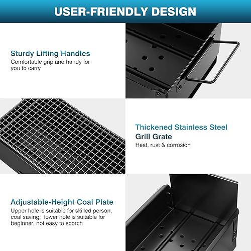 Miniatura 6 de IRONWALLS Parrilla de carbón portátil de 32 pulgadas, parrilla plegable de acero inoxidable negra para cocinar al aire libre, parrilla grande de