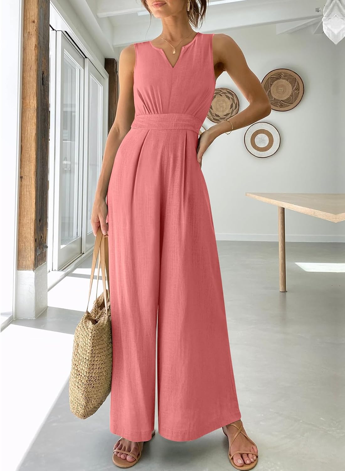 ANRABESS Jumpsuits for Women Summer Dressy Casual Linen Romper Sleeveless V Neck High Waist Wide Leg Beach Vacation Outfits - Image 2