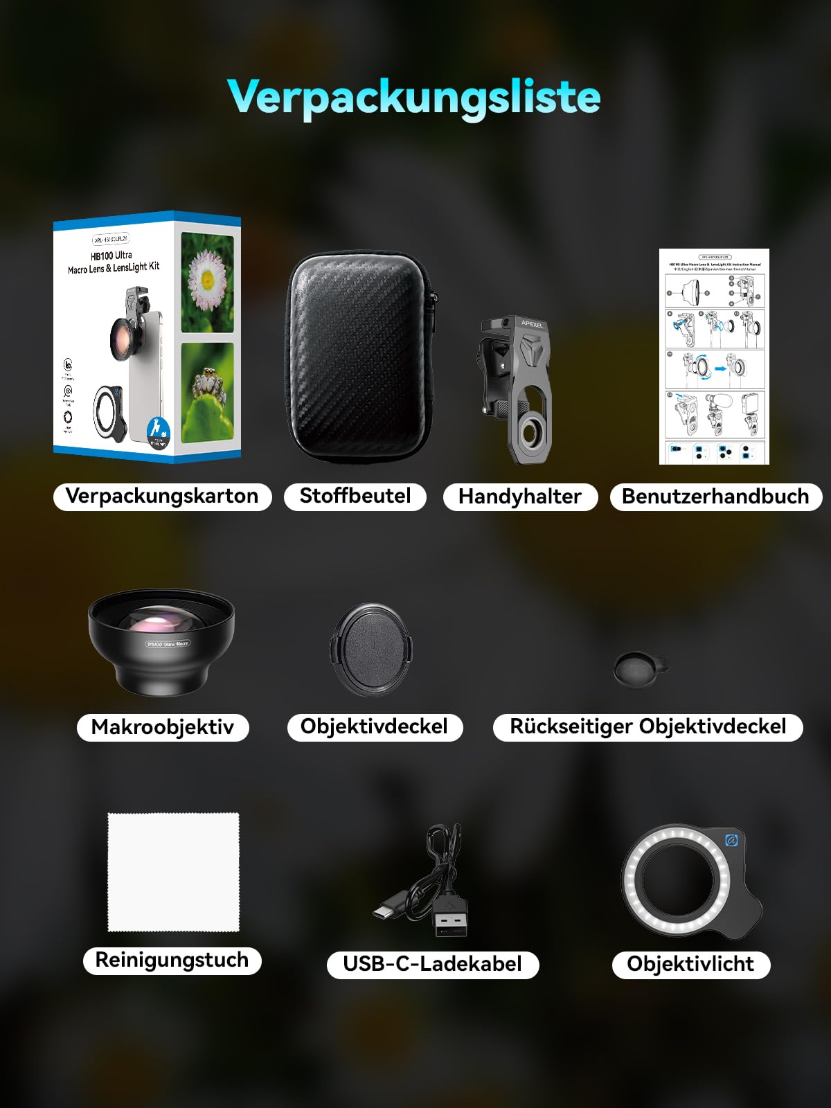 APEXEL 100Ultra Makro Objektiv mit Ringlicht, verbesserte Version des Objektiv für Handy für iPhone, Samsung, Pixel