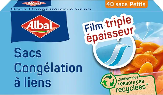 Albal Sacs Congélation 1L à Liens - 40 Unités Triple Épaisseur avec Boîte Distributrice