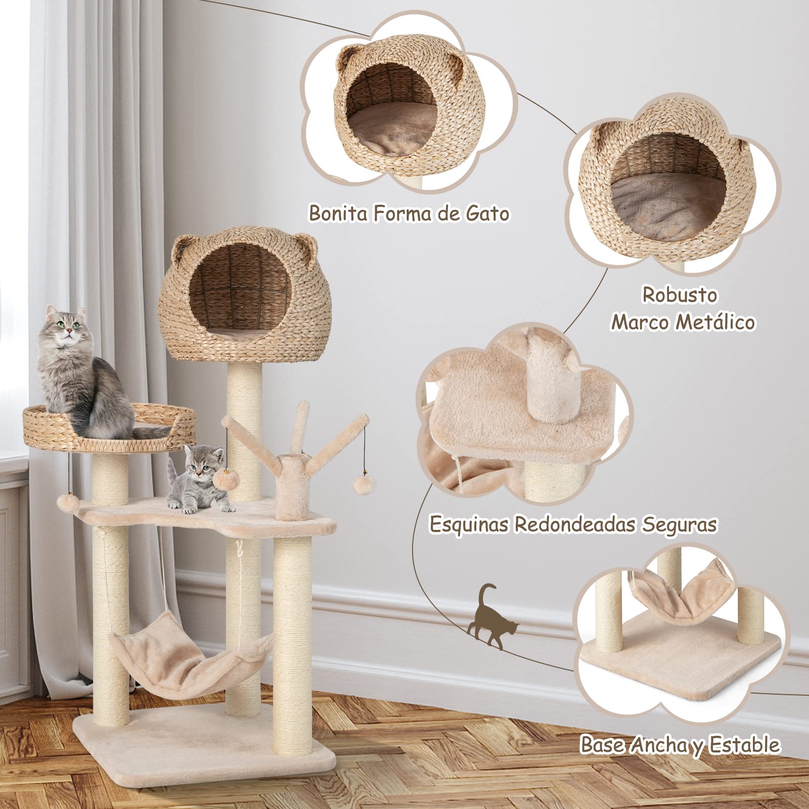 COSTWAY Torre Rascador para Gatos de 121 cm, Centro de Actividades para Gatitos con Condo, Cama, Hamaca, Bolas Colgantes, Postes para Rascar de Sisal, Cojines Suaves, Árbol Rascador Gatos, Beige