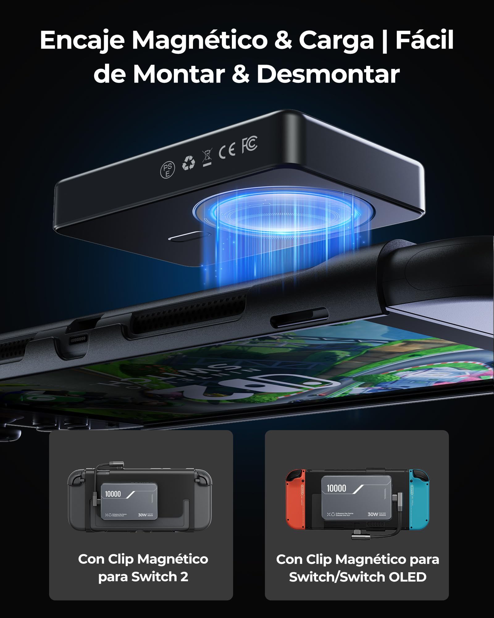 Antank B5 10000mAh Magnética Power Bank para Nintendo Switch 2 & iPhone | 30W PD Carga Rápida Bateria Portatil para iPhone 17-12/Switch/Switch OLED, Soportes Traseros Desmontables & Cables USB-C
