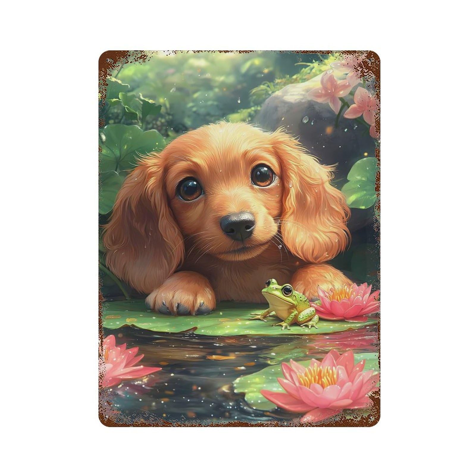 Rust Effect Puppy And Frog in Lily Pond Decorative Tin Sign 15.7"x11.8", Rustic Home Decor for Cafe, Home Bar And Lounge Decor