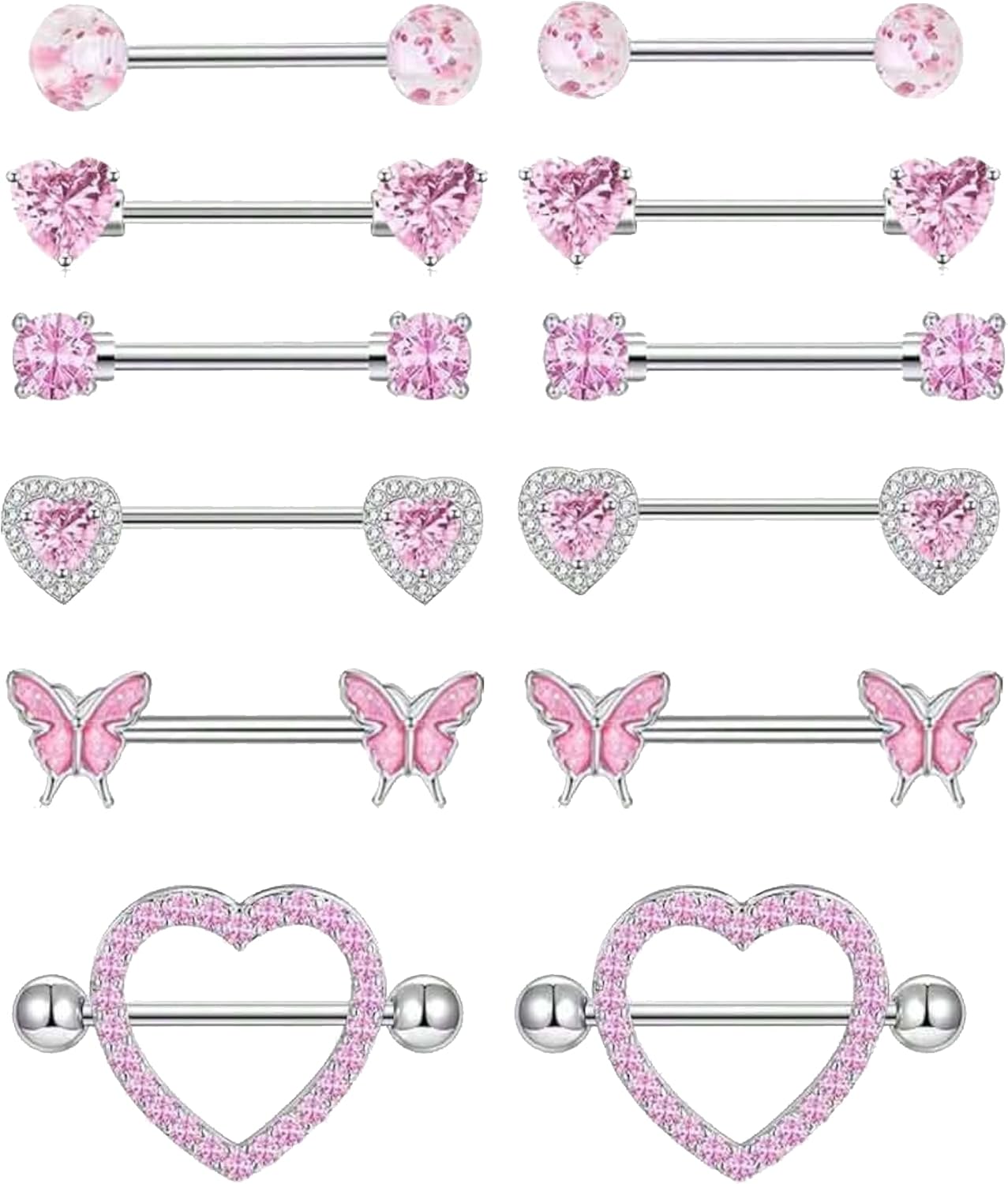 6 Pairs 14G Nipple Rings Stainless Steel Pink Heart Butterfly Flower CZ Barbell Tongue Rings Set Cute Nipplerings Piercing Jewelry for Women Body Piercing Jewelry