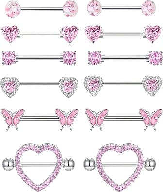 6 Pairs 14G Nipple Rings Stainless Steel Pink Heart Butterfly Flower CZ Barbell Tongue Rings Set Cute Nipplerings Piercing Jewelry for Women Body Piercing Jewelry