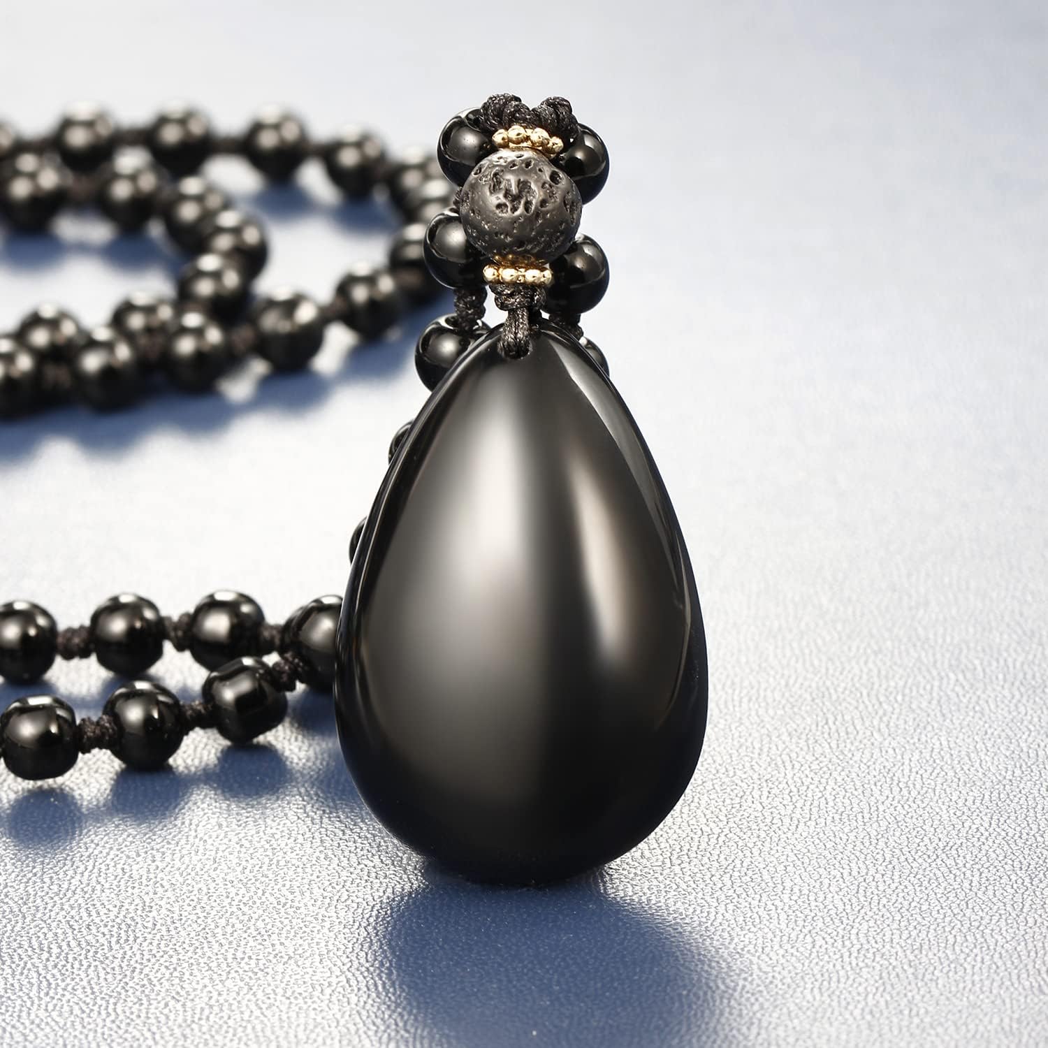 Jewever Black Obsidian Waterdrop Pear Shape Pendant Necklaces for Women Men Protection Amulet Healing Power Reiki Gemstone Crystal Beaded Chain Adjustable - Image 6