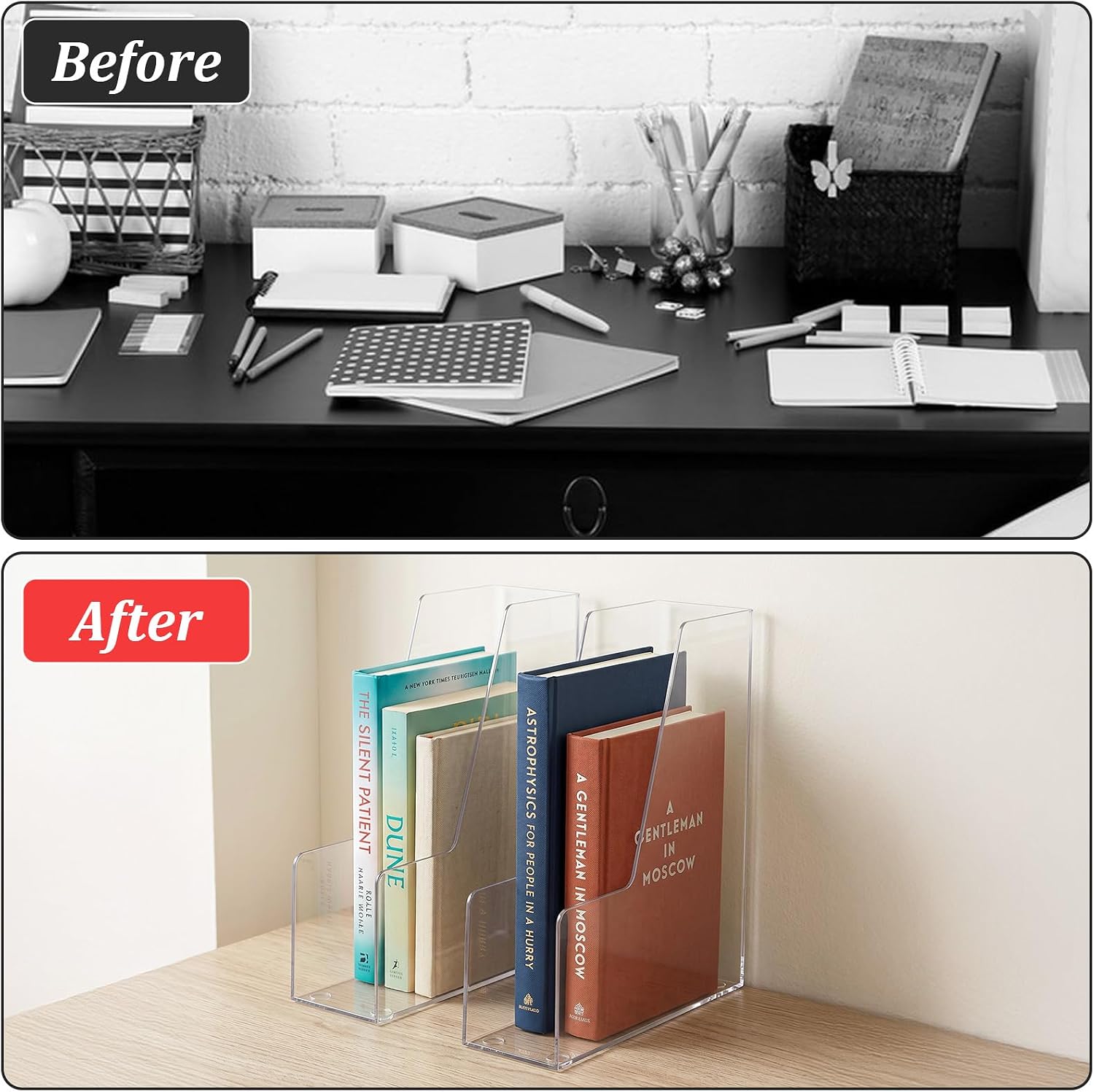 2 PCS Vertical File Holder, Clear Acrylic Desk Organizer for Office, Acrylic Magazine File Holder Rack, Plastic Document Storage Bins for Magazines, Binders, Notebooks & Envelopes, Space Saving for Ho image 4