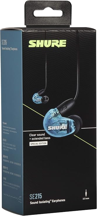 Shure SE215 Wired Sound Isolating Earbuds, Clear Sound, Single Driver, Secure in-Ear Fit, Detachable Cable, Durable Quality, Compatible with Apple & Android Devices - Blue