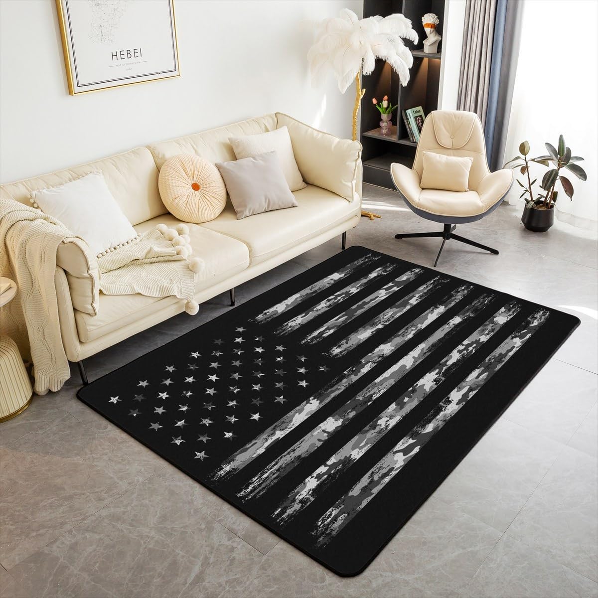 Feelyou American Flag Area Rug 3x5 Kids Camouflage Decorative Carpet Set for Boys Teens Camo Flag Living Room Rugs Branches Military Style Grey Indoor Floor Mat Room Decor