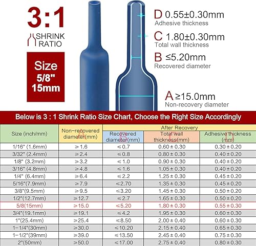 Miniatura 3 de Chanzon Relación 31  Rollo de 80 pies  Tubo termorretráctil de 58 pulgadas (0.591 in)  Grado marino impermeable forrado  (longitud total de 82.0 ft)