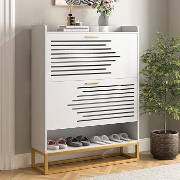 VERYKE Shoe Storage Cabinet for Entryway with 2 Flip Drawers and Gold Legs,Large Shoe Rack Organizer Cabinet for Closet,Hallway