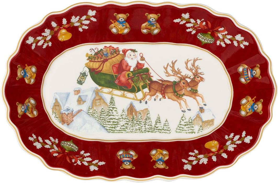 Villeroy & Boch Bowl, Multicoloured, 29 x 19 x 5 cm Toy’s Fantasy Large Oval, Sleigh, Biscuit Dish, Premium Porcelain, Red, Multi-Coloured, 29 x 19 x 5.5 cm, Youth 11-13, Reindeer