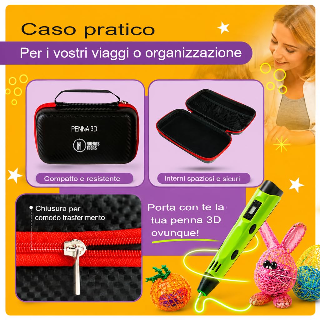 Penna 3D, matita 3D, filamento PLA, display LCD, strumento per artigianato e riparazioni, temperatura e velocità regolabili, con borsa per il trasporto
