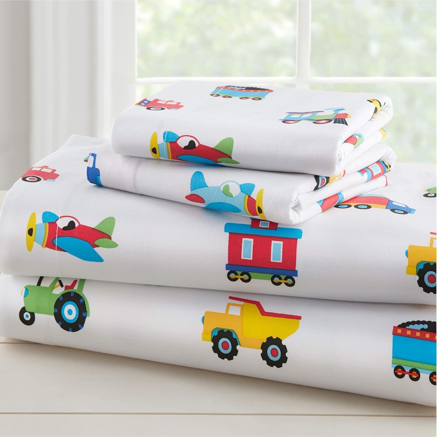 Wildkin Twin Cotton Comforter & Sheet Set Bundle (Trains, Planes, and Trucks)