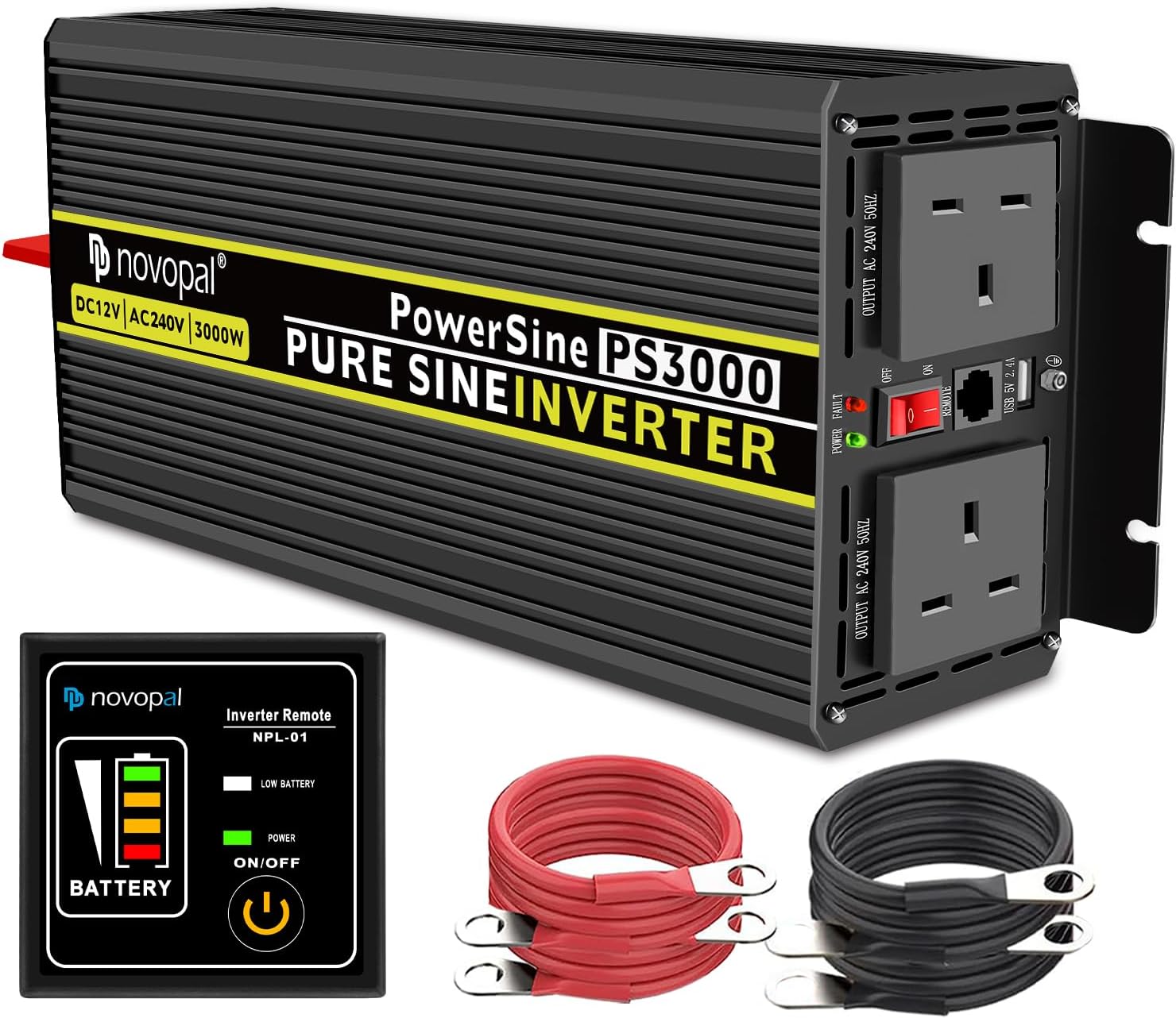 NOVOPAL Power Inverter Pure Sine Wave-3000 Watt 12V DC to 230V/240V AC Converter-2AC Outlets Car Inverter with One USB Port-5 Meter Remote Control And Two Cooling Fans-Peak Power 6000 Watt