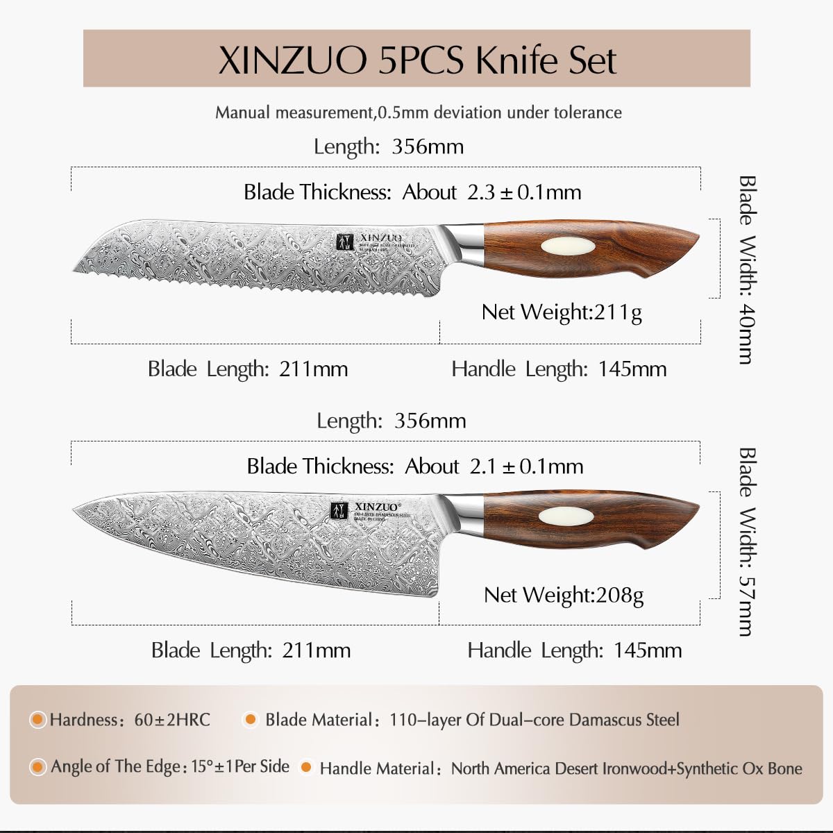 XINZUO 110 Capas de Acero Damasco Set Cuchillo Cocina 5 Piezas, Profesional Juego de Cuchillos de Cocina Forjado a Mano, Mango de Desert Ironwood y Caja de Regalo, Para Carne, Verduras, Fruta, Pan