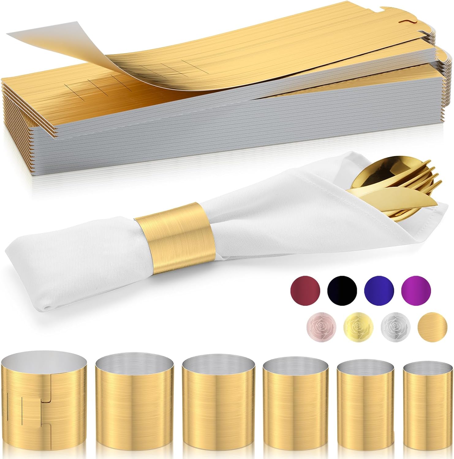 Holiday Parties Napkin Rings Set of 200, 2 Colors in 1 (Brushed Gold Silver), Reusable Adjustable Napkin Bands for Easter, Wedding, Mothers' Day Table Decor, Waterproof Tear-Proof Great Gift Idea