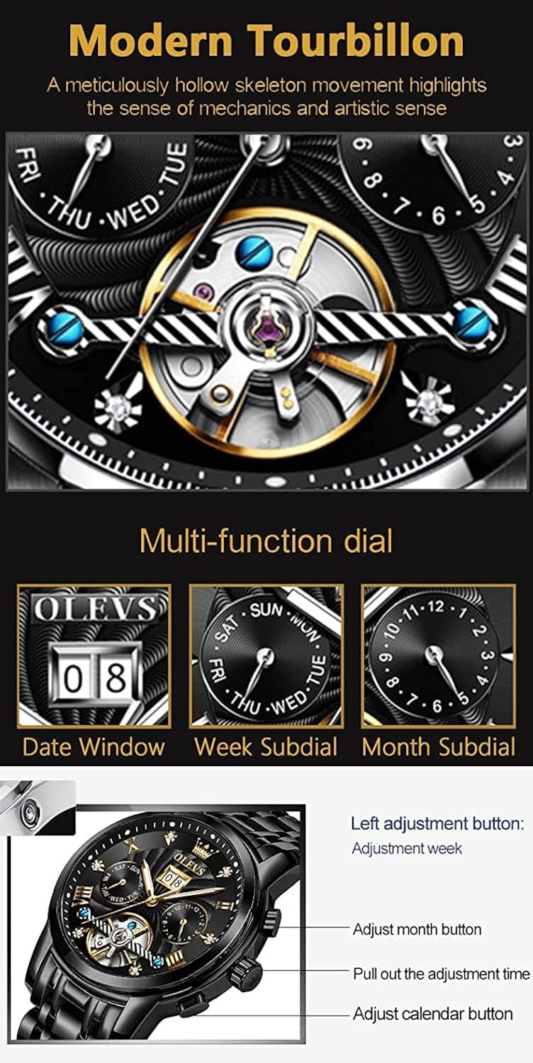 Miniatura 3 de OLEVS Reloj automático para hombre, reloj mecánico de cuerda automática para hombre, vestido de negocios de esqueleto, luminoso, impermeable,