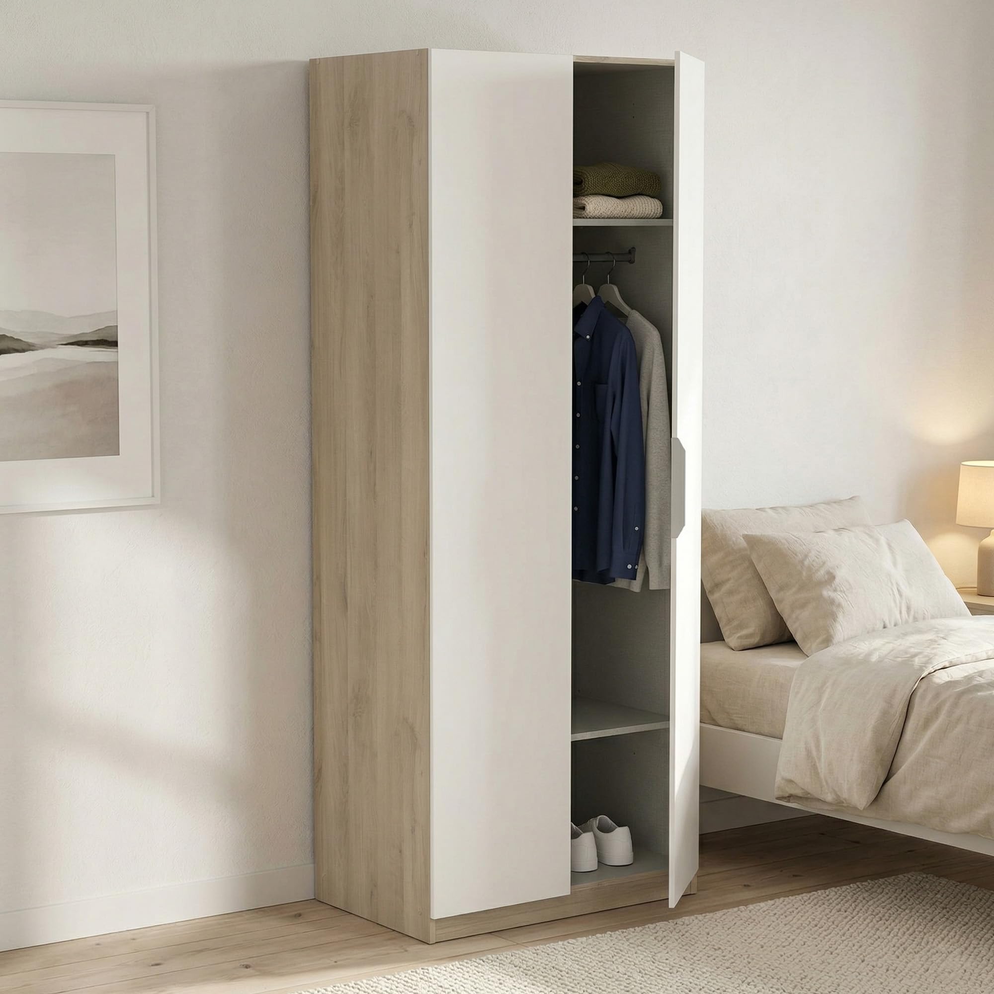 Dmora - Guardaroba 2 Ante Isere, Mobile Camera da Letto, Cabina Armadio portabiti, Armadio Appendiabiti, 79x51 h203 cm, Rovere e Bianco Opaco