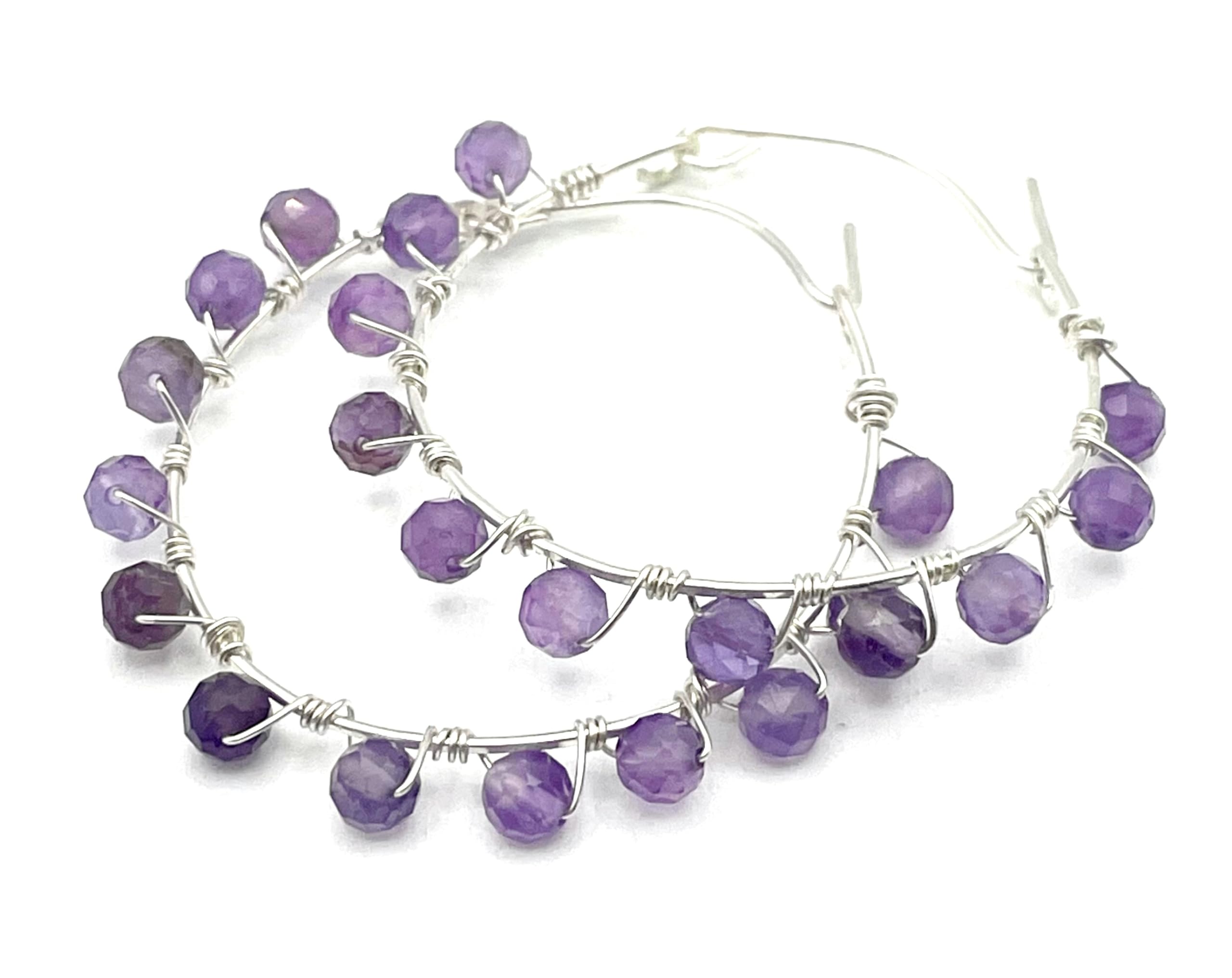 Orecchini con Ametista Viola e Cerchi in Argento 925, Gioielli Artigianali, Bijoux Fatti a Mano, Regalo per Lei